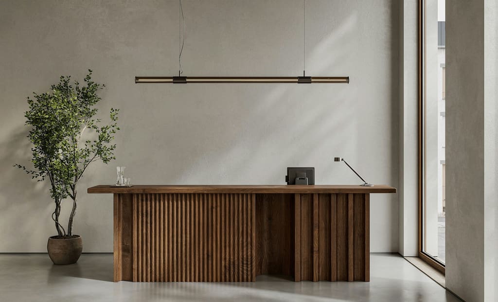 A tidy reception area with a clear counter, plain finishes and even daylight.